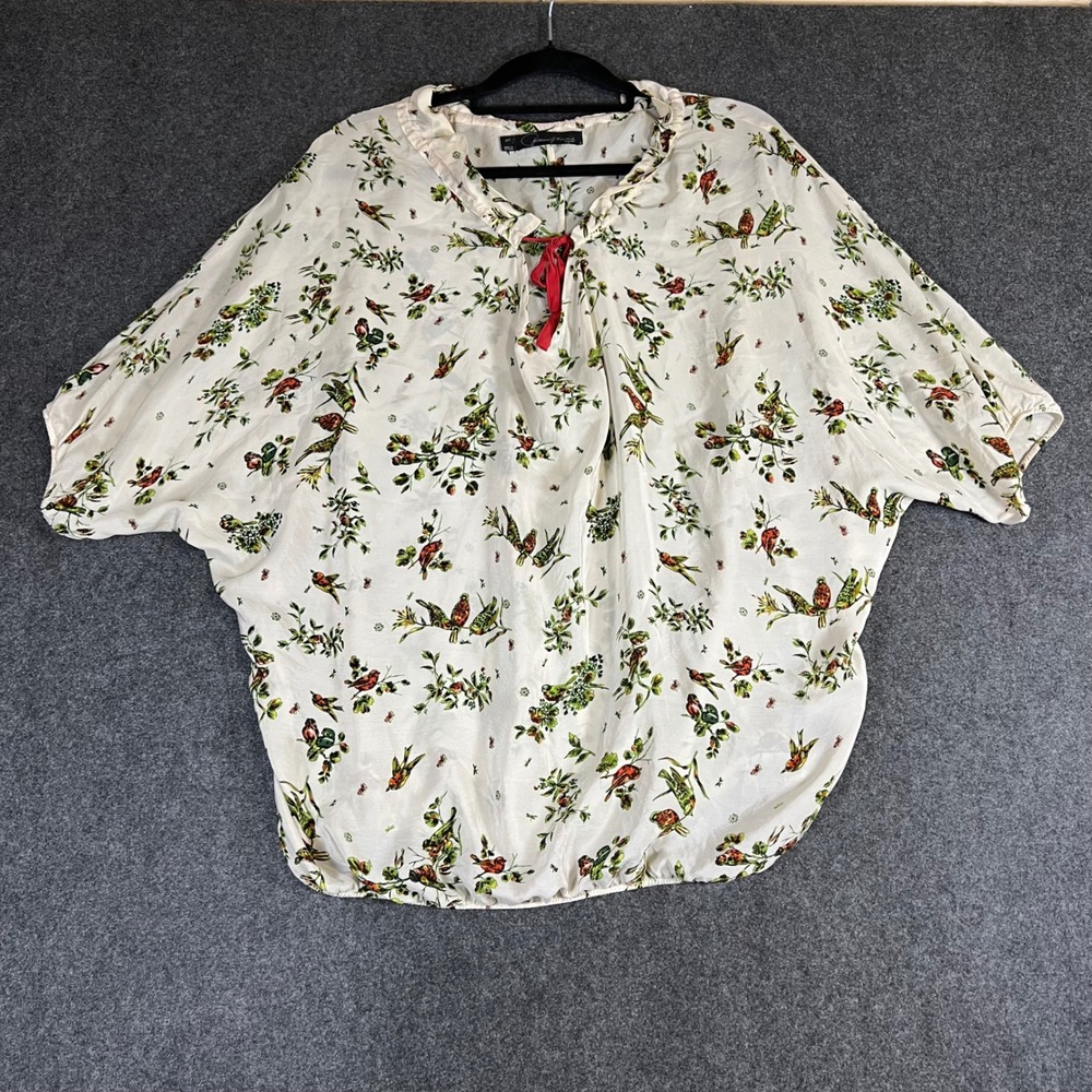 Patterson J Kincaid Silk Bird Print Blouse‎ Cream Red Tie Dolman Sleeve Medium